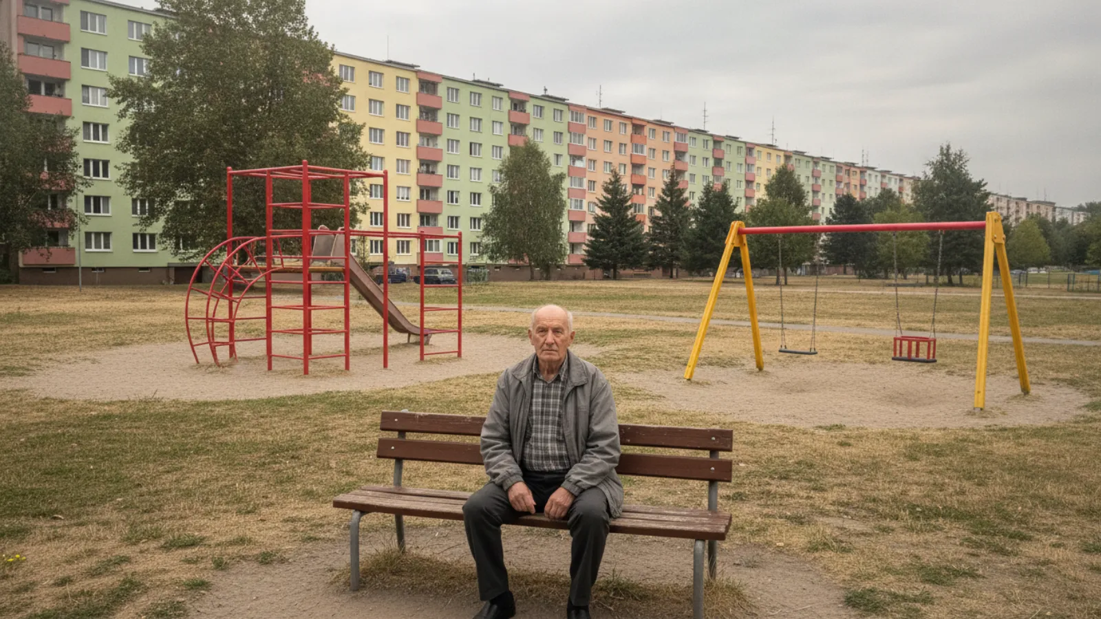 senior na opuštěném dětském hřišti
